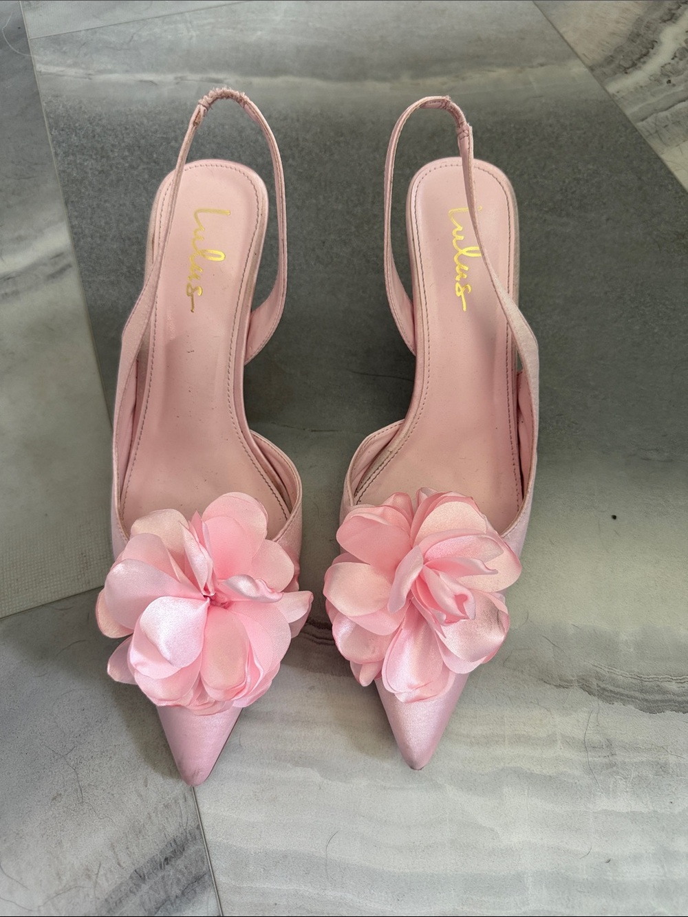 Lulus Courtney Pink Satin Floral Applique Slingback Pumps - Size 10 - Picture 2 of 5